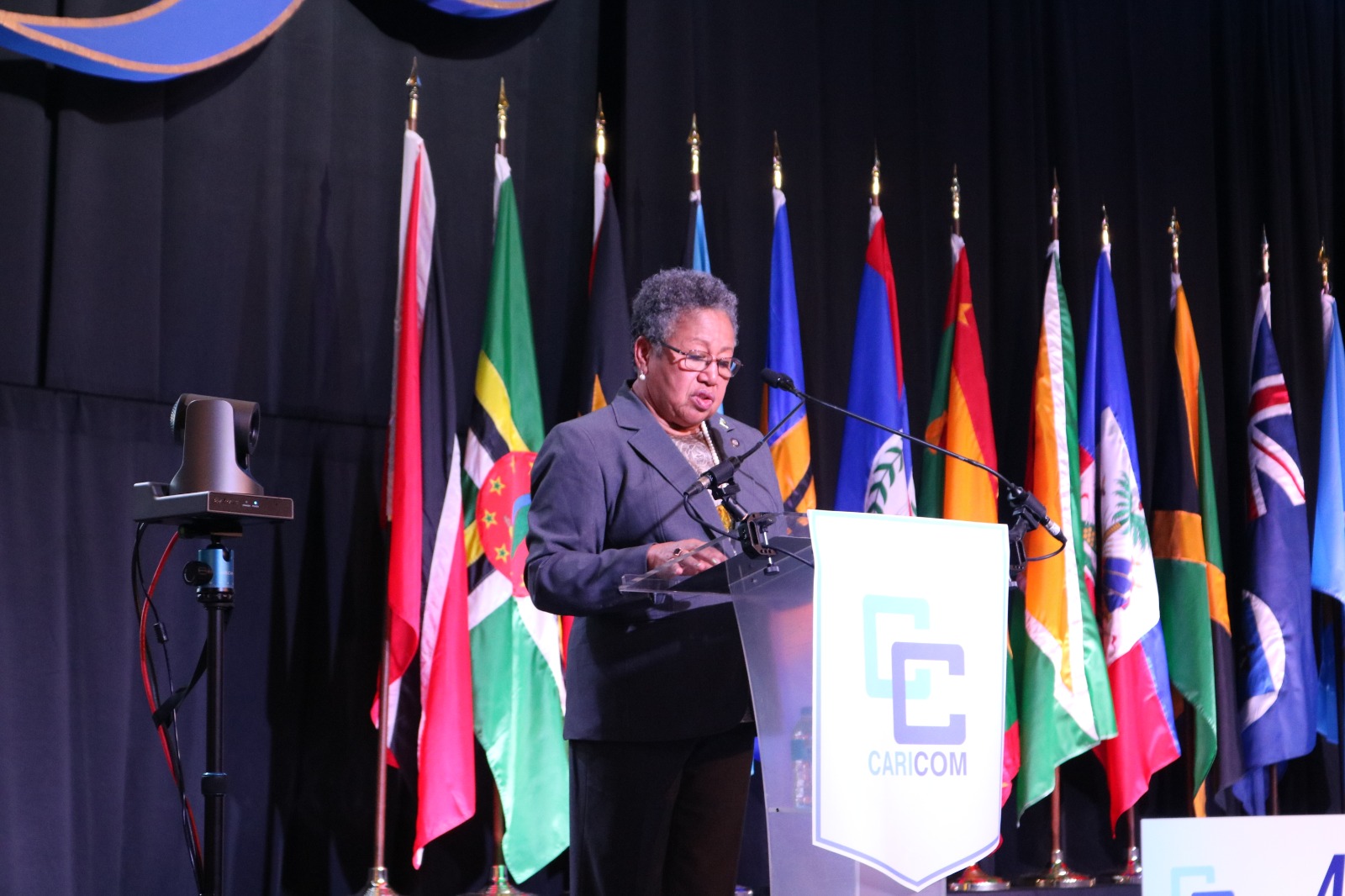 CARICOM Secretary-General, Dr. Carla Barnett delivers remarks at the opening ceremony of the 45th CARICOM Heads of Government Meeting in Trinidad and Tobago