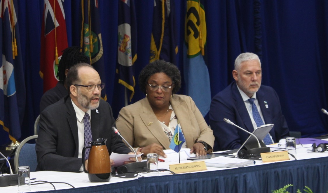 At the opening the 31st Intersessional Meeting, from left, CARICOM SG Amb. Irwin LaRocque, CARICOM Chair PM Mia Mottley of Barbados and Outgoing Chair, PM Allen Chastanet of Saint Lucia
