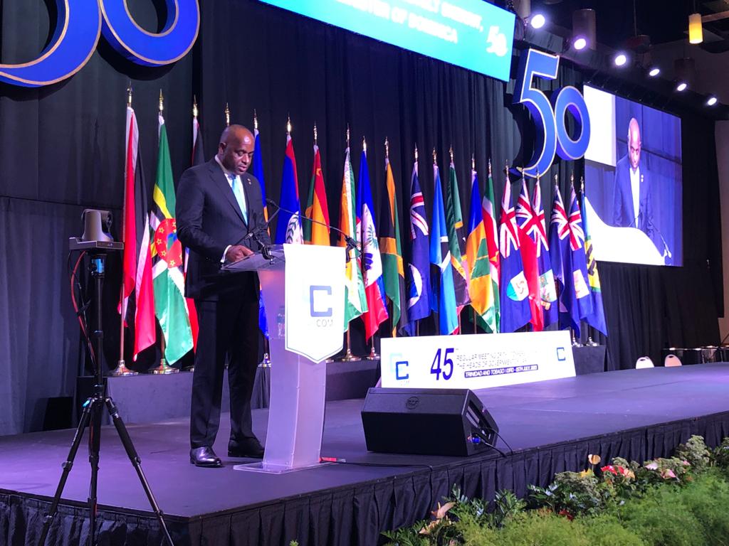 Chair of CARICOM, the Hon. Roosevelt Skerrit, PM of Dominica at the Opening of 45th CARICOM Heads of Government Meeting in Trinidad and Tobago