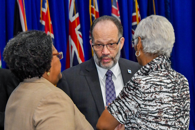 CARICOM SG, Amb. Irwin LaRocque in discussion with Chair of CARICOM, PM Mia Mottley of Barbados (l) and Director-General, CARICOM Office of Trade Negotiations, Amb. Gail Mathurin