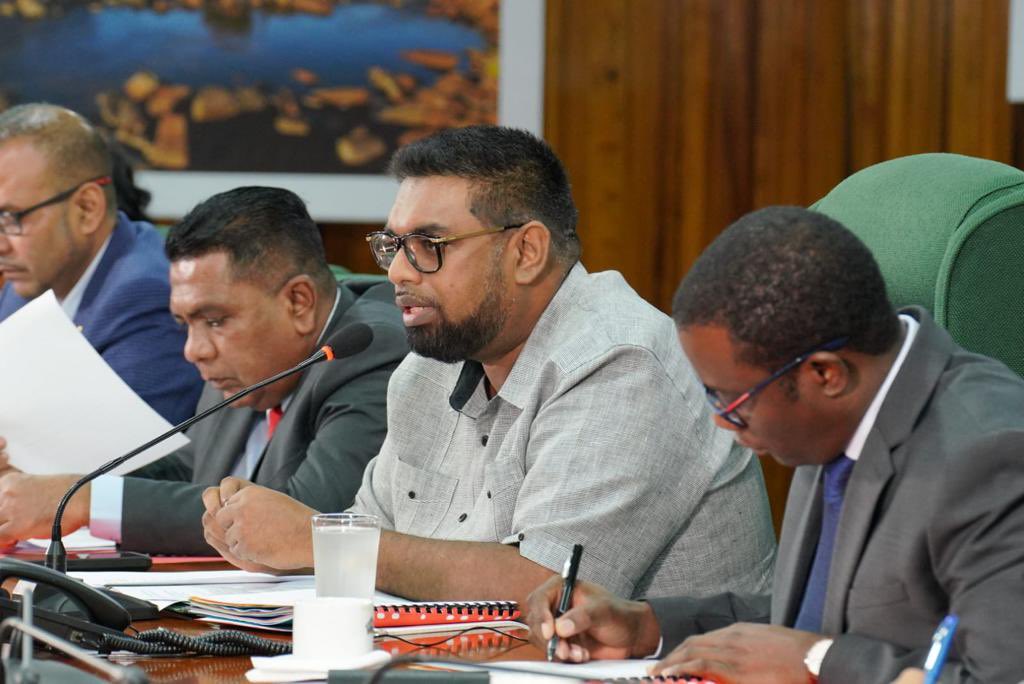 President of Guyana, Dr. Irfaan Ali (2nd from right) addresses the Special Meeting of COTED on Agriculture, 4 Feb. 2022 (Photo via OP)
