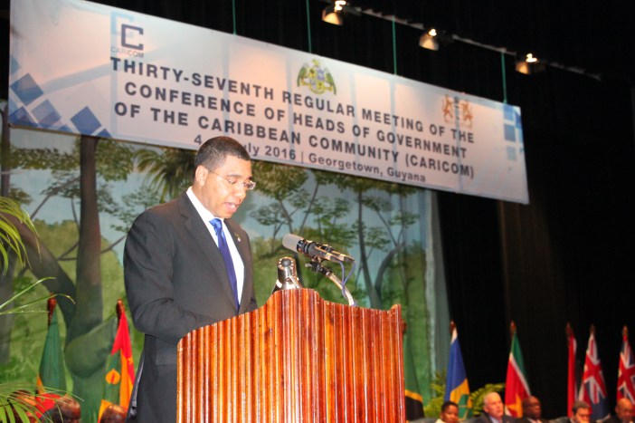 Photo of Remarks by The Most Honourable Andrew Holness, O.N., M.P., Prime Minister of Jamaica  To the Opening Ceremony of the Thirty-Seventh Regular Meeting of the Conference of Heads of Government of the Caribbean Community (CARICOM) Georgetown, Guyana, 4– 6 July 2016