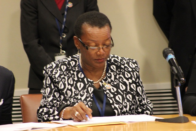 Photo of Barbados Foreign Minister, Hon Maxine McClean addresses the Plenary Session at the UN Oceans Conference, UN General Assembly Hall, New York, Tuesday 6 June 2017