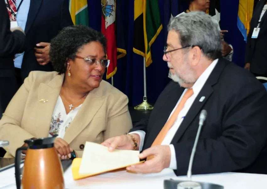 Prime Ministers Mia Mottley and Ralph Gonsalves (Photo via Barbados Government Information Service)