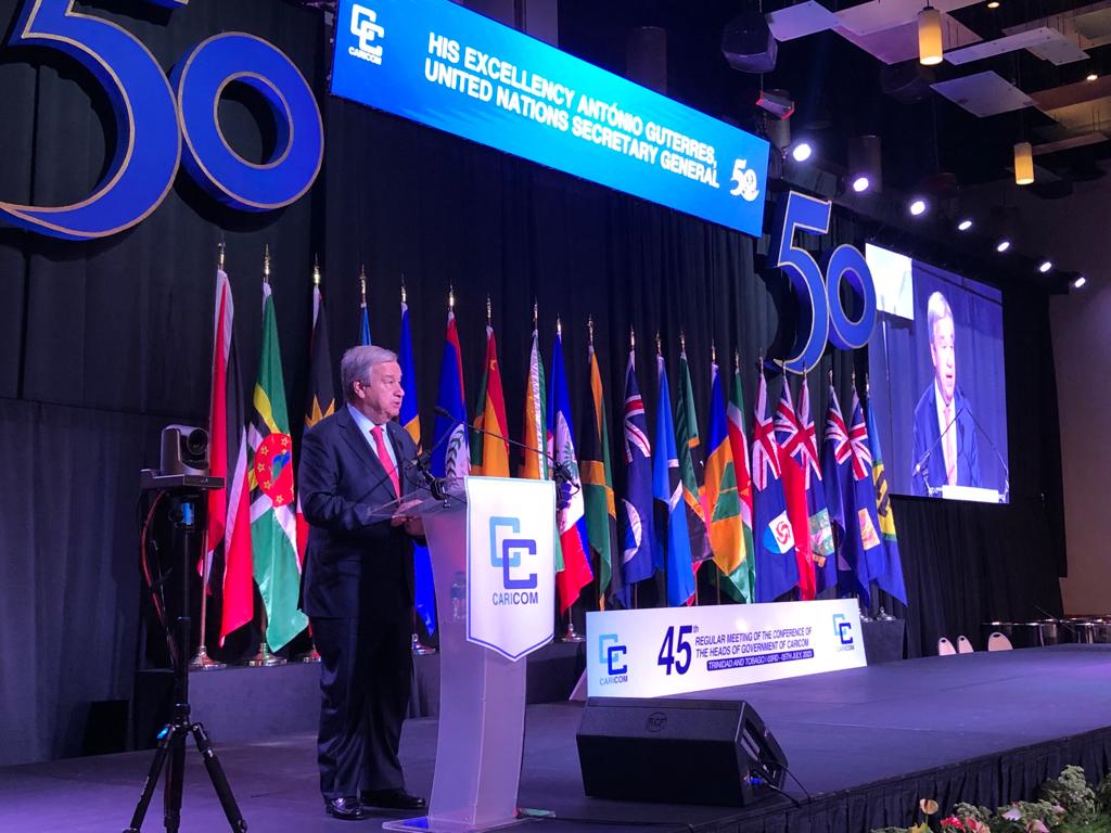 United Nations Secretary-General, Antonio Guterres addresses the opening ceremony of the 45th Meeting of the Conference of Heads of Government of CARICOM in Trinidad and Tobago