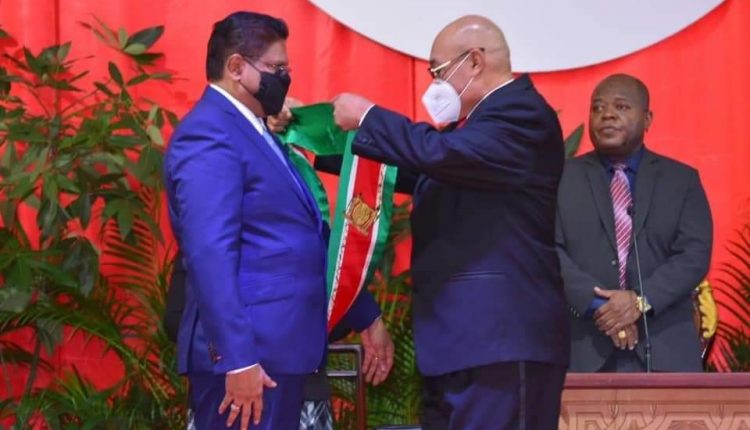 Santokhi was congratulated and presented with the presidential sash by his predecessor Desi Bouterse