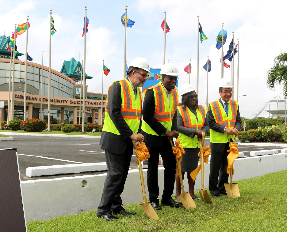 Turning the sod (from left) Secretary-General Ambassador Irwin LaRocque; Minister of Public Infrastructure, Guyana, Hon David Patterson; Minister of Foreign Affairs, Guyana, Dr. Hon. Karen Cummings; Japan’s Ambassador to CARICOM and Guyana H.E. Mr. Tatsuo HIRAYAMA