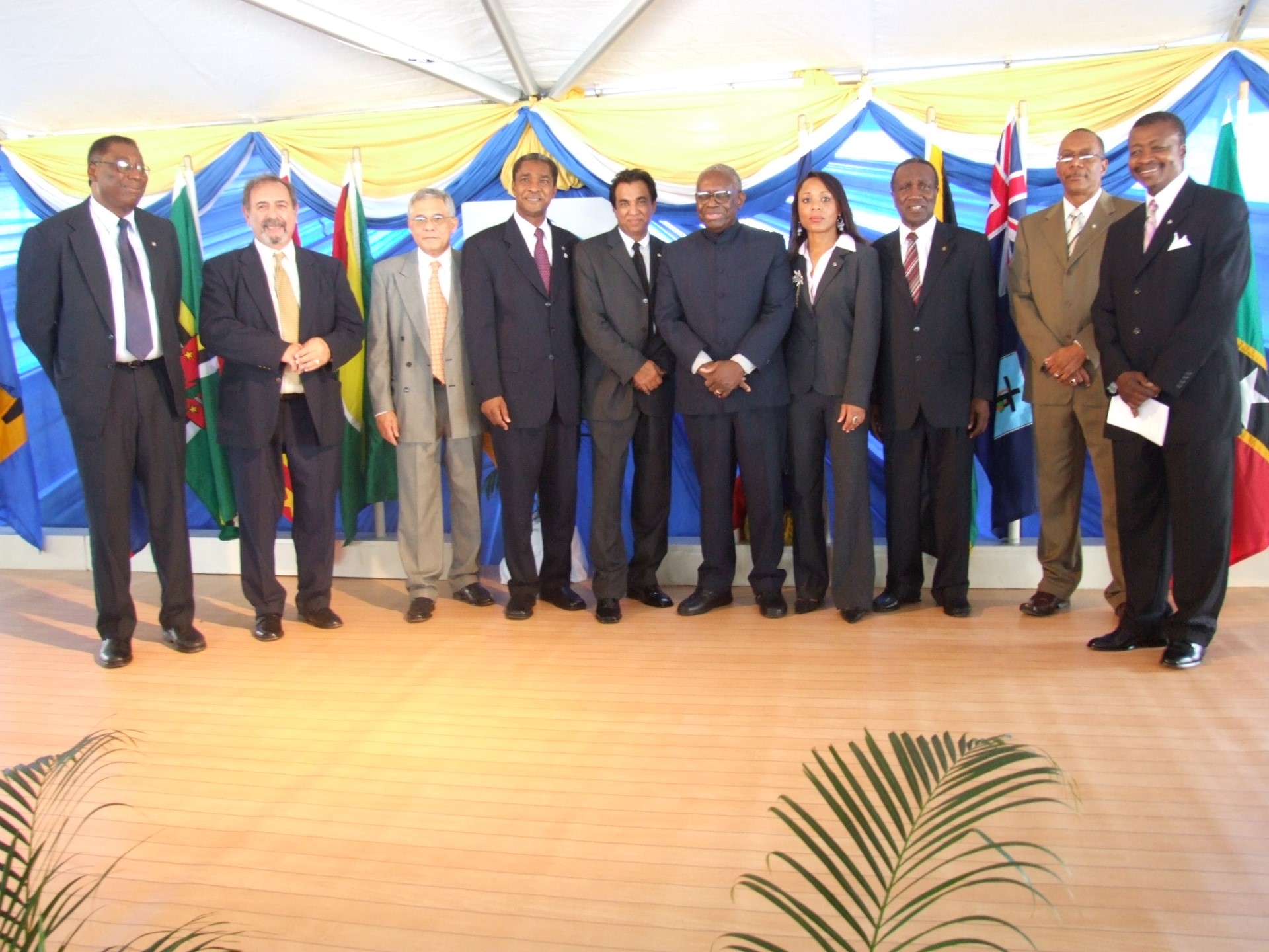 In photo: Left to Right Commissioner Dr. Trevor Farrell; The Rt. Hon. Mr Justice Michael de la Bastide, Former Chairman of the Regional Judicial and Legal Services Commission; Commissioner Hans Lim A Po; Commissioner Ambassador Arthur Stephenson; Commission Chairman Dr Kusha Haraksingh; Former President of Suriname, His Excellency Drs. Runaldo Venetiaan; Commissioner Dr Maureen Paul; Former Secretary-General of CARICOM, His Excellency Edwin Carrington; Commissioner Patterson Cheltenham, G.C.M., QC; Commissioner Dr Barton Scotland.