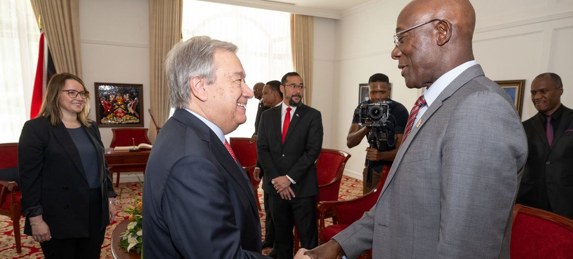 UN Photo/Eskinder Debebe Secretary-General António Guterres (left) is greeted by Prime Minister Keith Rowley of Trinidad and Tobago where he came to address the 45th meeting of the Conference of the Heads of Government of the Caribbean Community (CARICOM).